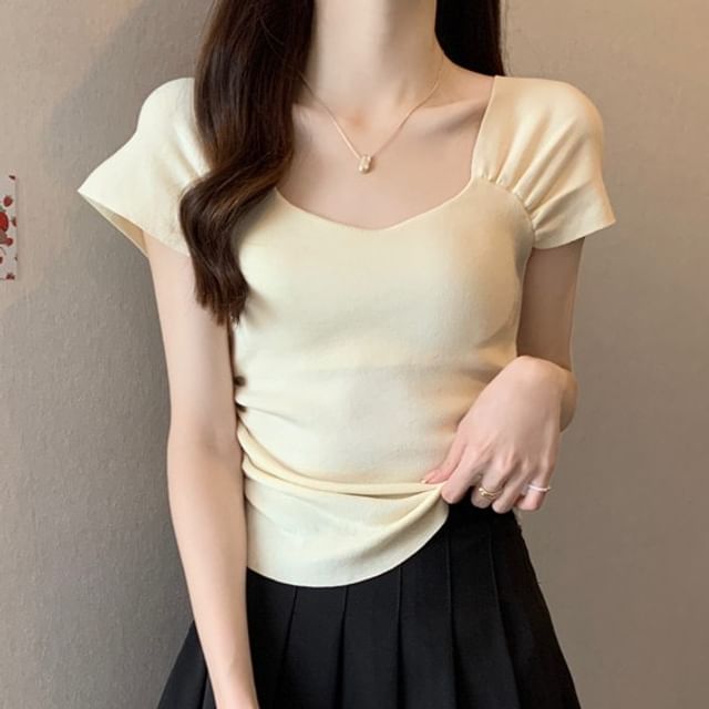 Square Neck Ruched T-Shirt Short Sleeve