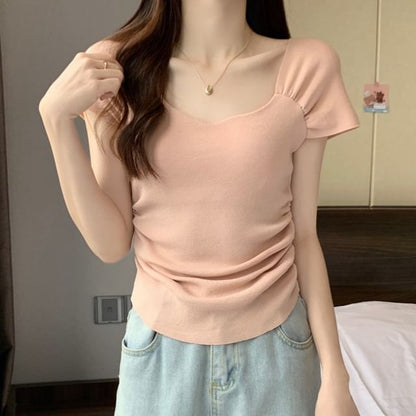 Square Neck Ruched T-Shirt Short Sleeve