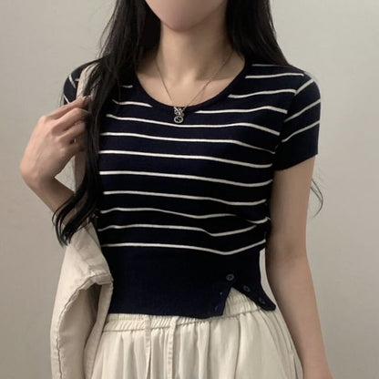 Striped Crop Knit Top Scoop Neck Short Sleeve