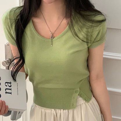 Striped Crop Knit Top Scoop Neck Short Sleeve