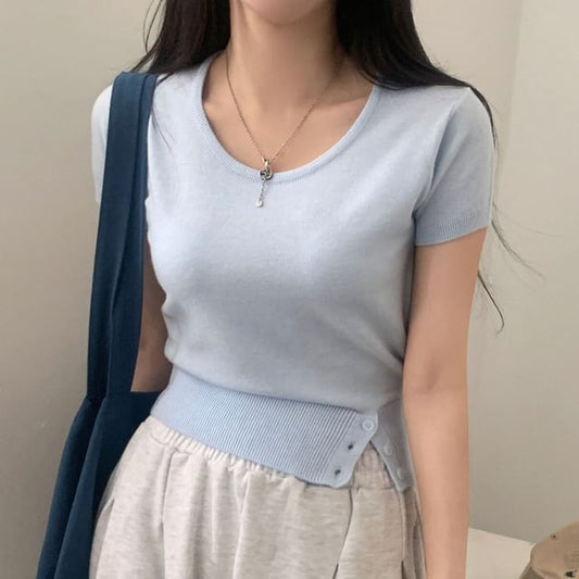 Striped Crop Knit Top Scoop Neck Short Sleeve