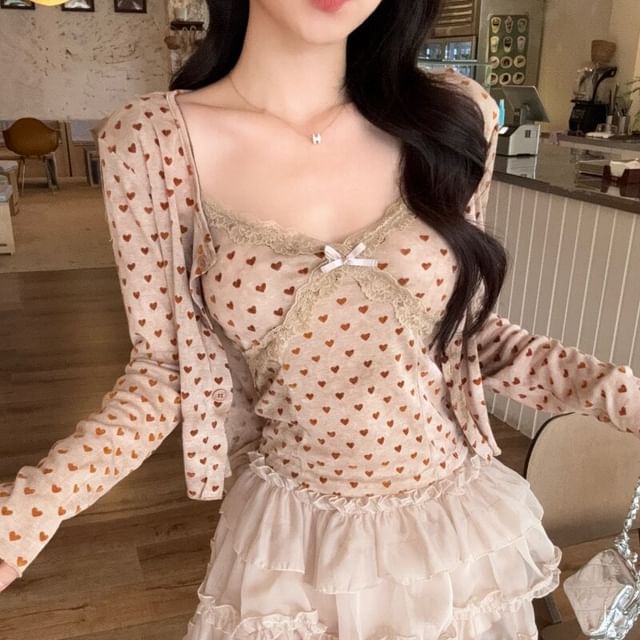 Dotted Camisole Top Cardigan Set with Mini Skirt
