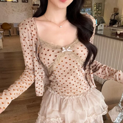 Dotted Camisole Top Cardigan Set with Mini Skirt