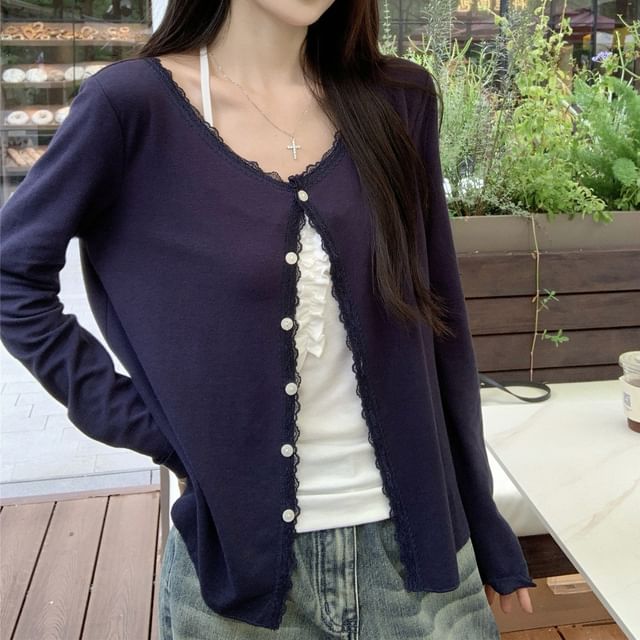 Halter Ruffle Trim Camisole and Lace Cardigan