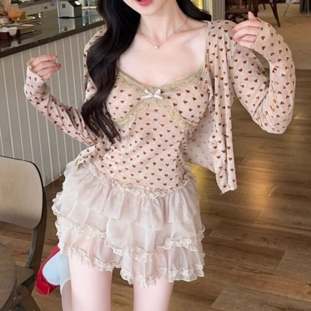 Dotted Camisole Top Cardigan Set with Mini Skirt