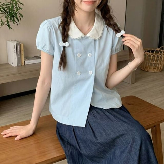 Double Breasted Collared Short Sleeve Blouse