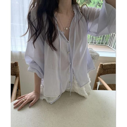 Long Sleeve Ruffled Button Up Blouse
