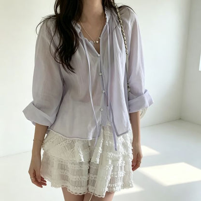 Long Sleeve Ruffled Button Up Blouse