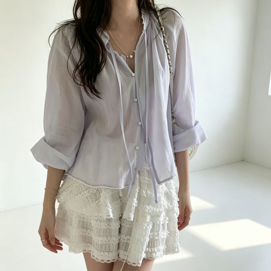 Long Sleeve Ruffled Button Up Blouse