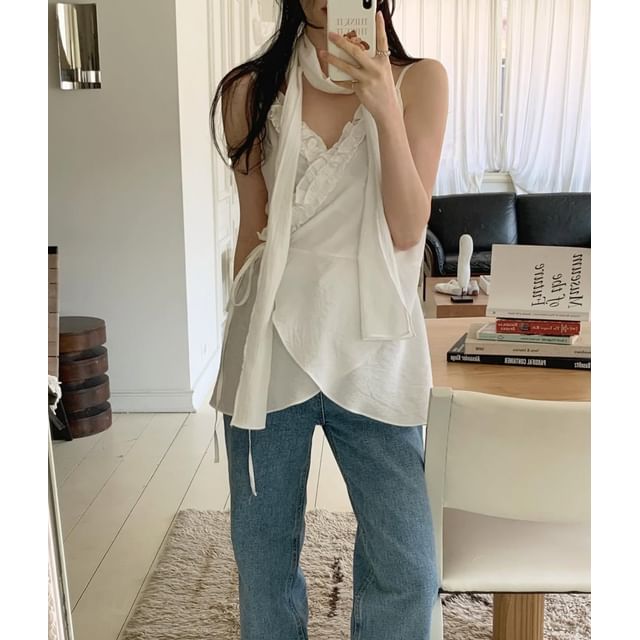 Ruffled Asymmetrical Wrap Camisole Set with Sash