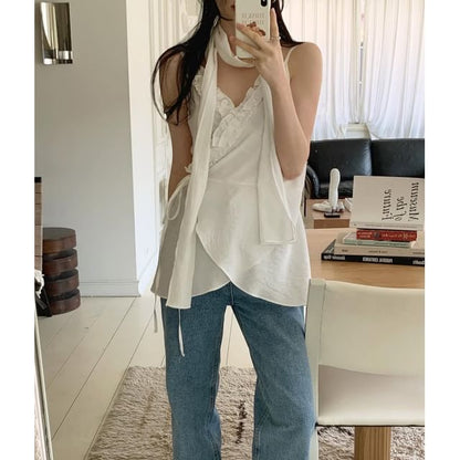 Ruffled Asymmetrical Wrap Camisole Set with Sash