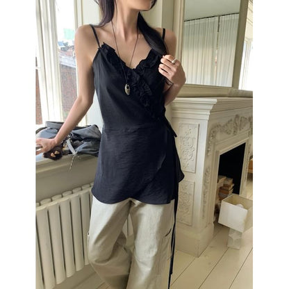 Ruffled Asymmetrical Wrap Camisole Set with Sash
