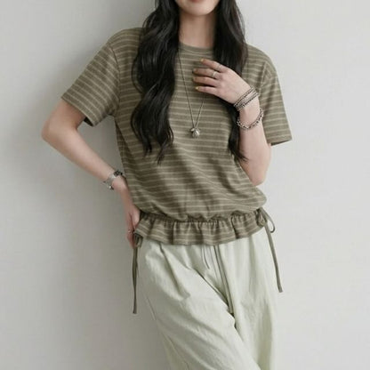 Striped Drawstring Ruffle Hem Tee, Crew Neck