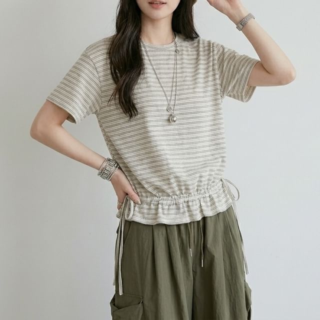Striped Drawstring Ruffle Hem Tee, Crew Neck