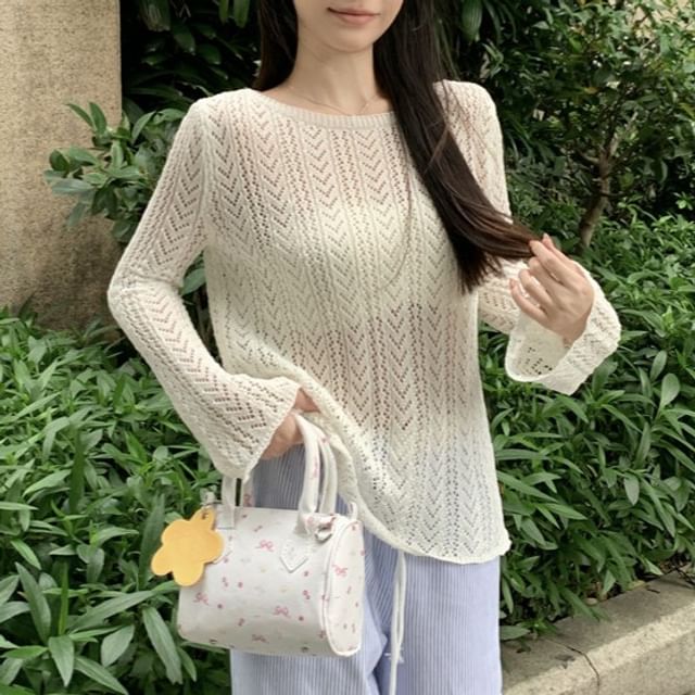 Perforated Sheer Boat Neck Long-Sleeve Top