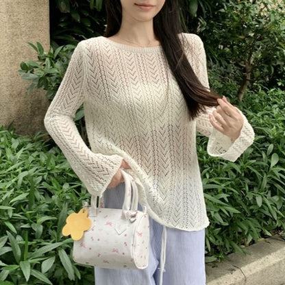 Perforated Sheer Boat Neck Long-Sleeve Top