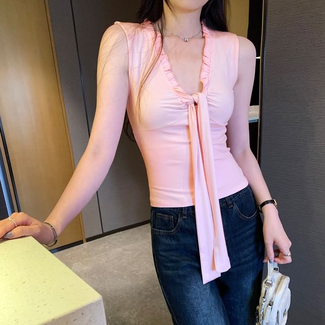 Frill Tie Front V-Neck Crop Tank Top