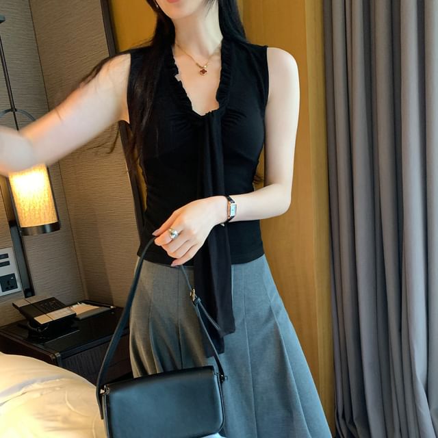 Frill Tie Front V-Neck Crop Tank Top