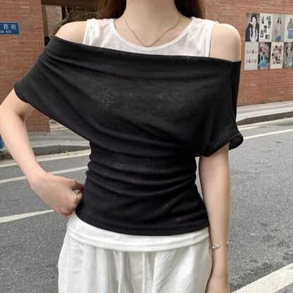 Two-Tone Cold Shoulder Mock Layer T-Shirt