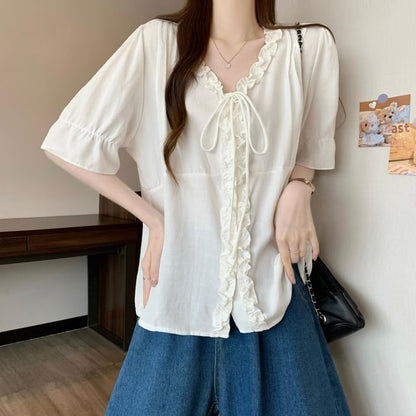 Frill Trim V-Neck Blouse Elbow-Sleeve Button