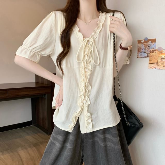 Frill Trim V-Neck Blouse Elbow-Sleeve Button