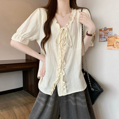Frill Trim V-Neck Blouse Elbow-Sleeve Button
