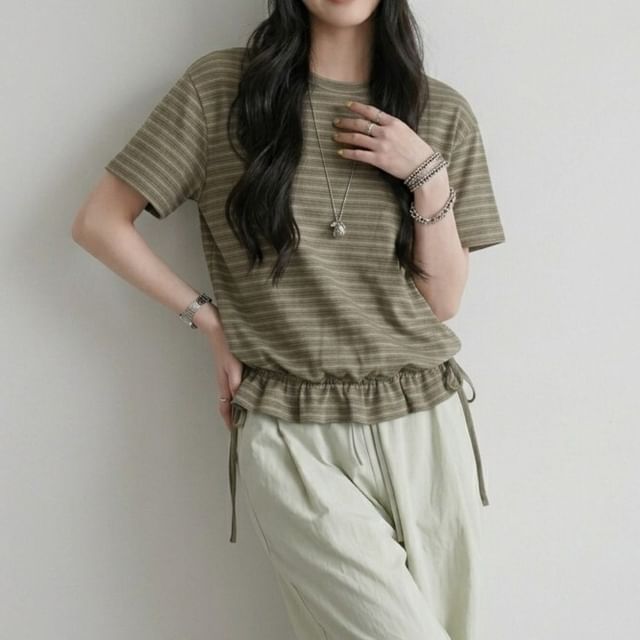 Striped Drawstring Ruffle Hem Tee, Crew Neck