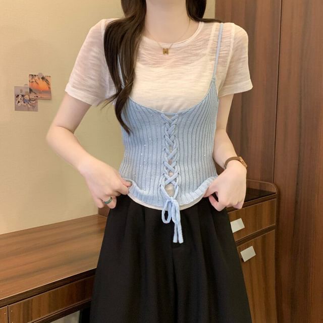 Sheer Knit Crew Neck Tee & Lace-Up Camisole Set