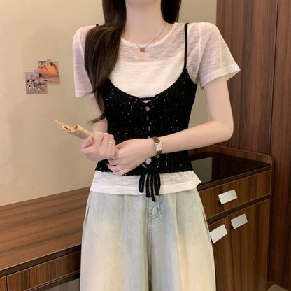 Sheer Knit Crew Neck Tee & Lace-Up Camisole Set