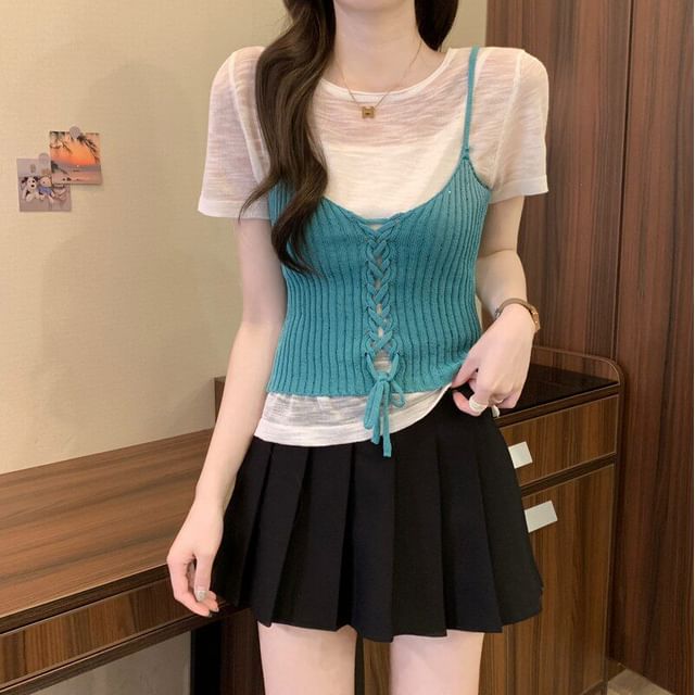 Sheer Knit Crew Neck Tee & Lace-Up Camisole Set
