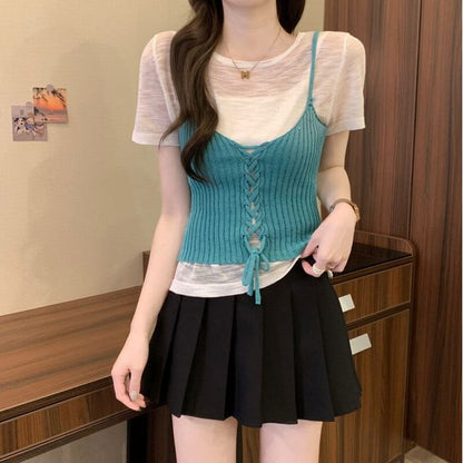Sheer Knit Crew Neck Tee & Lace-Up Camisole Set