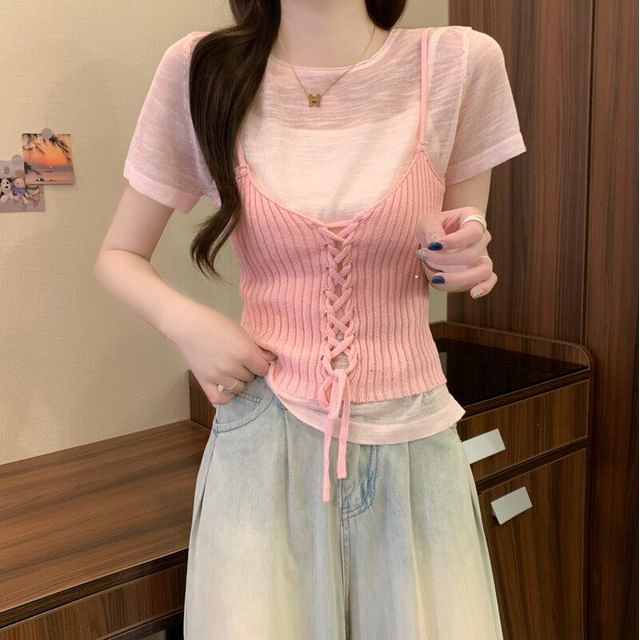 Sheer Knit Crew Neck Tee & Lace-Up Camisole Set