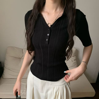Collared Elbow-Sleeve Knit Top Slim V-Neck