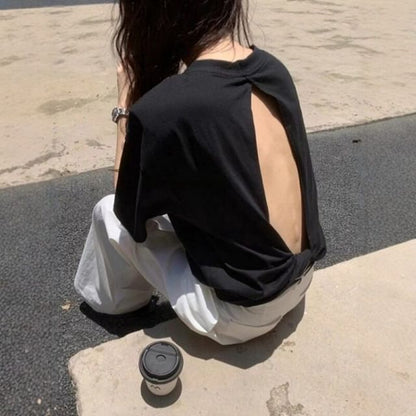 Open Back Crew Neck Elbow-Sleeve Tee
