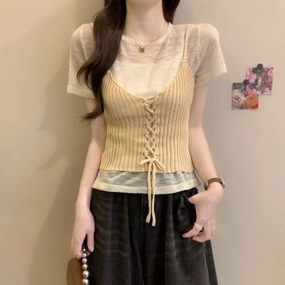 Sheer Knit Crew Neck Tee & Lace-Up Camisole Set