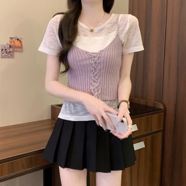 Sheer Knit Crew Neck Tee & Lace-Up Camisole Set