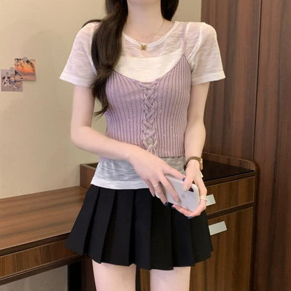 Sheer Knit Crew Neck Tee & Lace-Up Camisole Set