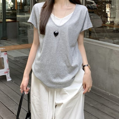 Two-Tone Mock Layer V-Neck Short Sleeve Tee