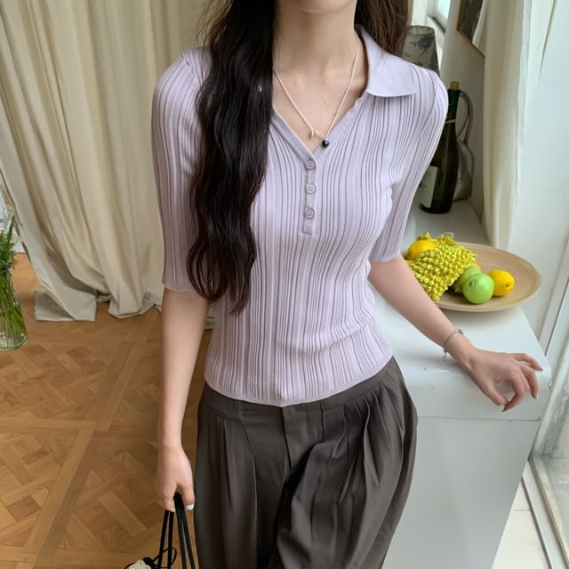 Collared Elbow-Sleeve Knit Top Slim V-Neck