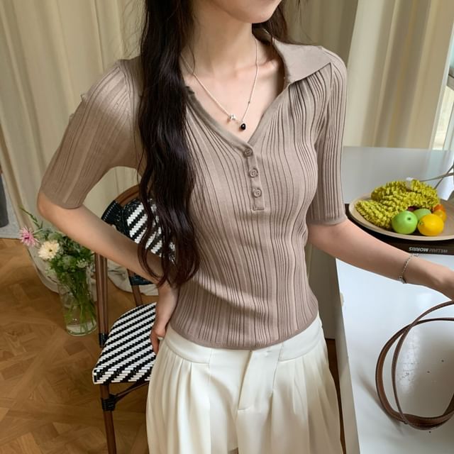 Collared Elbow-Sleeve Knit Top Slim V-Neck