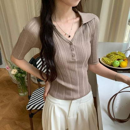 Collared Elbow-Sleeve Knit Top Slim V-Neck