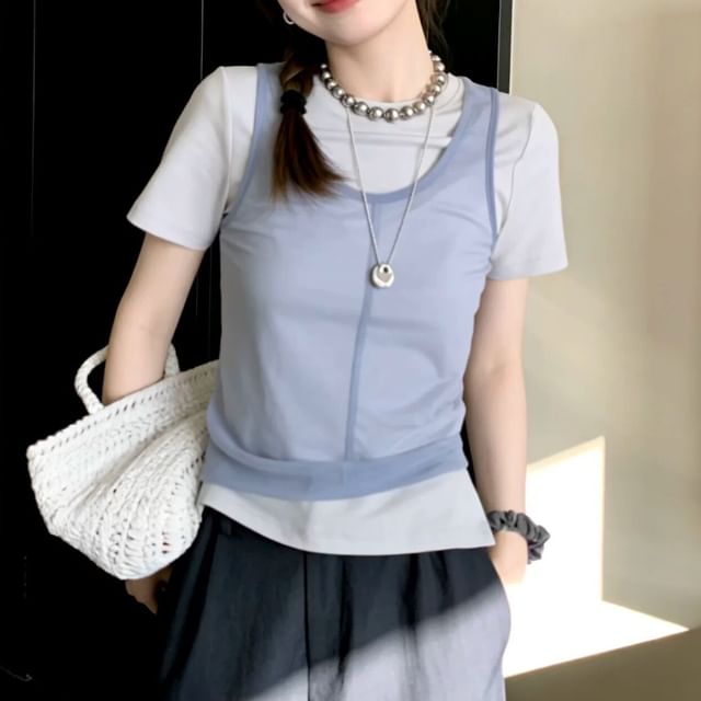 Mesh Panel Two-Tone Crew Neck Mock Tee
