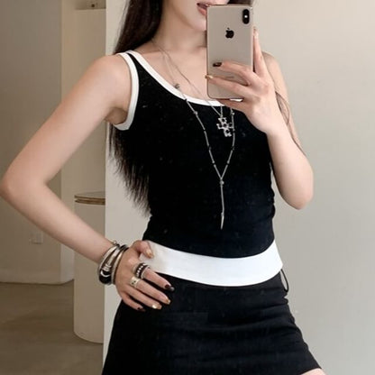 Two-Tone Scoop Neck Crop Tank Mock Layer