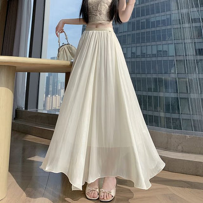 High Waist Sheer Plain Maxi A-Line Skirt