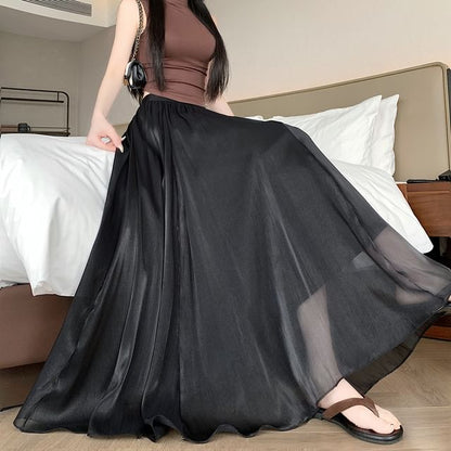 High Waist Sheer Plain Maxi A-Line Skirt