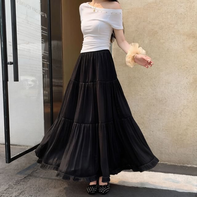 High Waist Plain Maxi A-Line Skirt
