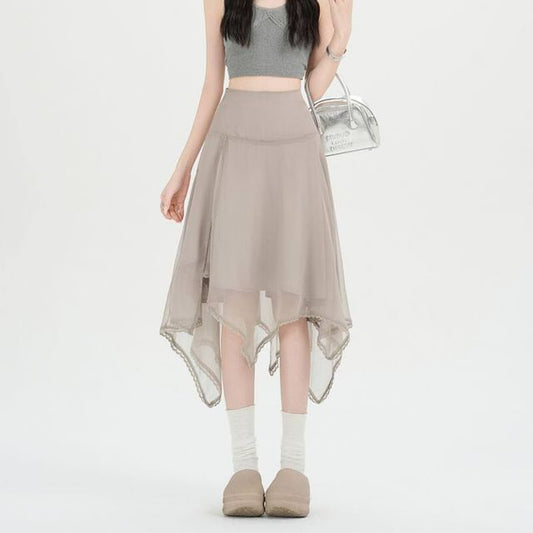 High Waist Asymmetrical Sheer A-Line Skirt