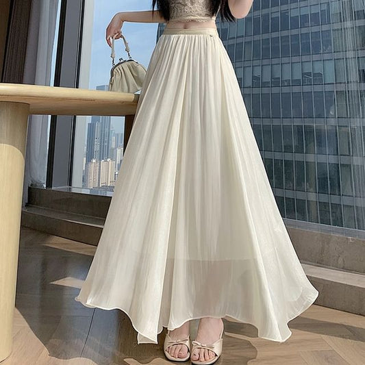 High Waist Sheer Plain Maxi A-Line Skirt