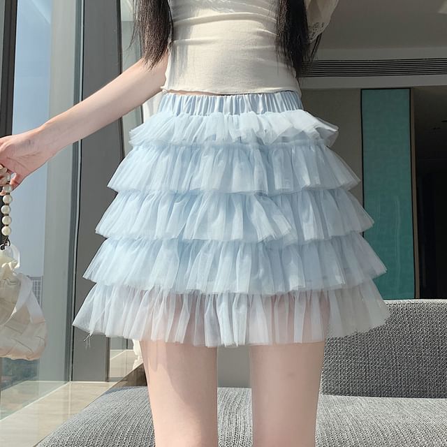 Mid Waist Sheer Plain Mini Tiered Skirt