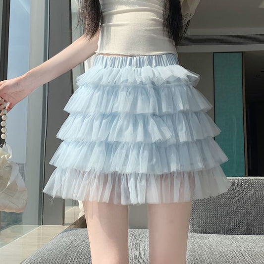 Mid Waist Sheer Plain Mini Tiered Skirt